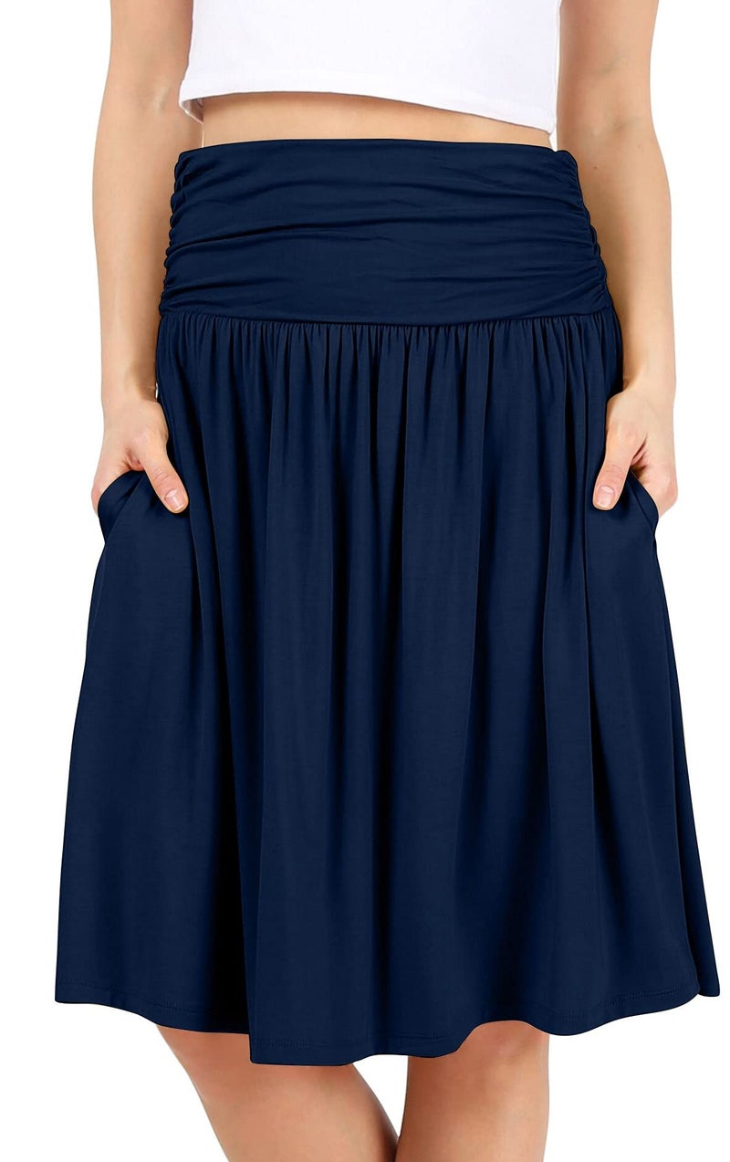Simlu Navy Skirts for Women Knee Length Navy a Line Skirt Skirt with Side Pockets High Waisted Flowy Skirt Womens Skirts Navy Blue (Size Small, Navy Midnight) - Image 1